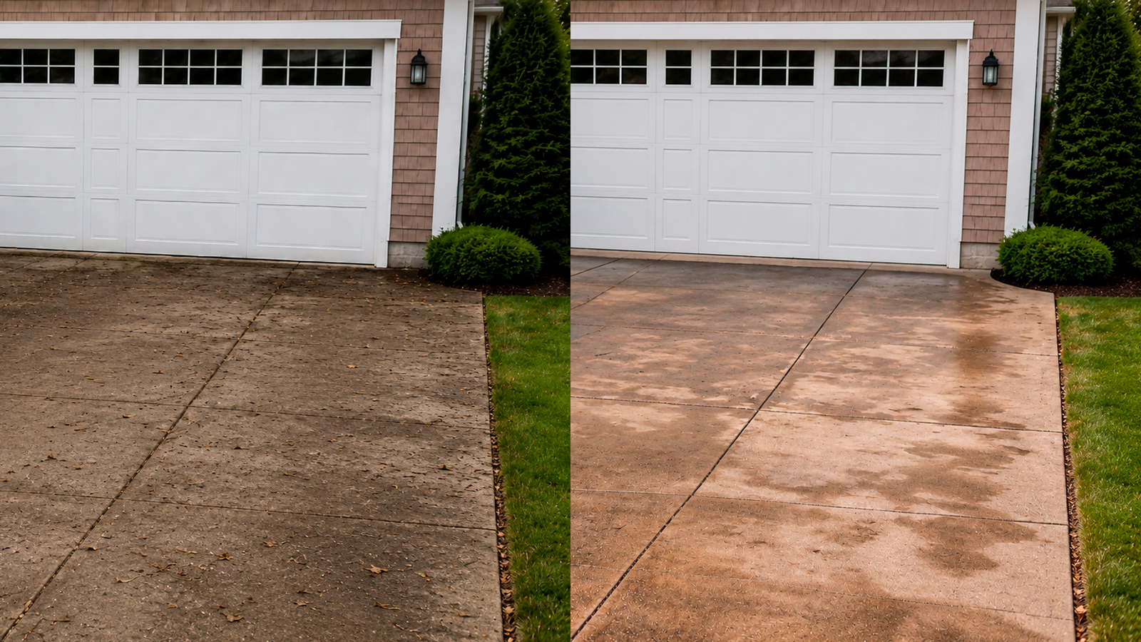 Before and after driveway cleaning result by SM Pressure Cleaning and Window Cleaning