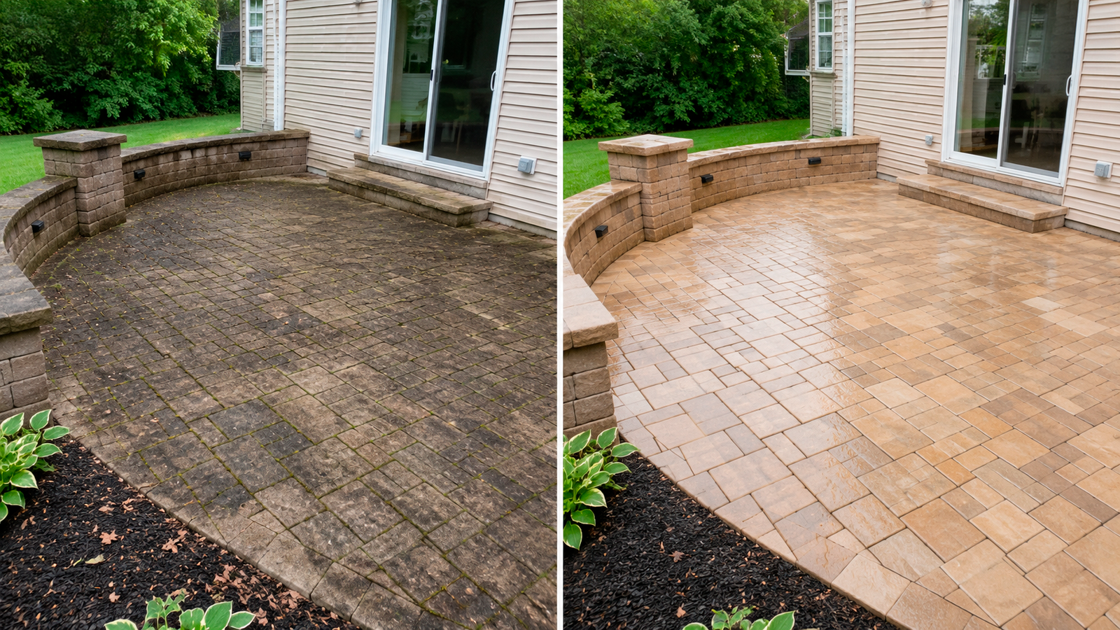 Before and after patio cleaning result by SM Pressure Cleaning and Window Cleaning