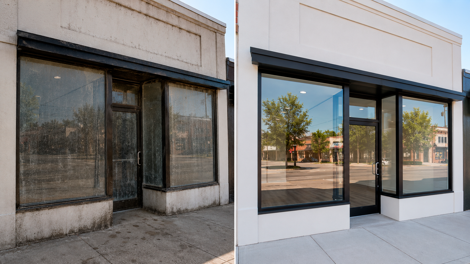 Before and after storefront cleaning result by SM Pressure Cleaning and Window Cleaning