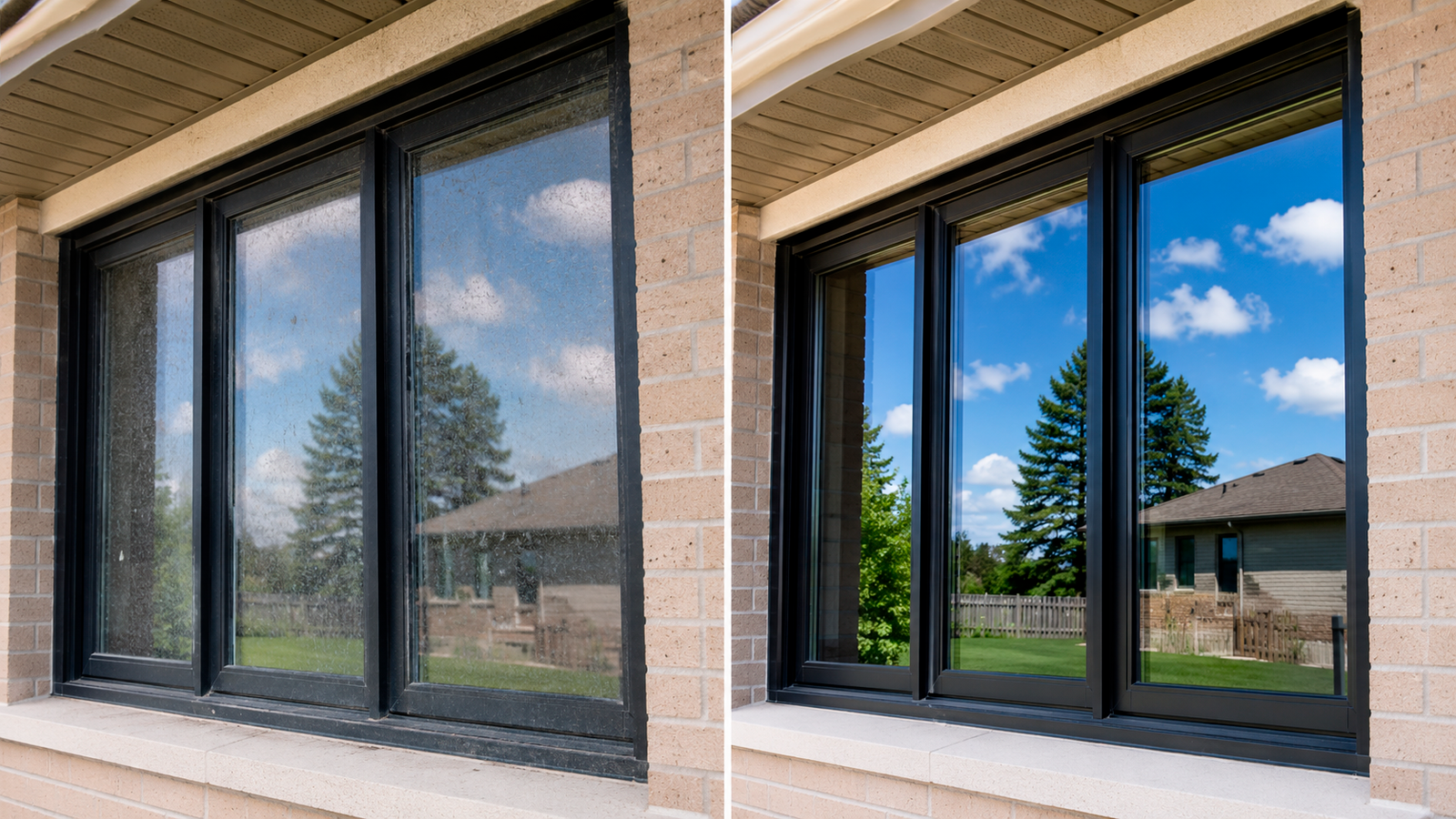 Before and after window cleaning result by SM Pressure Cleaning and Window Cleaning