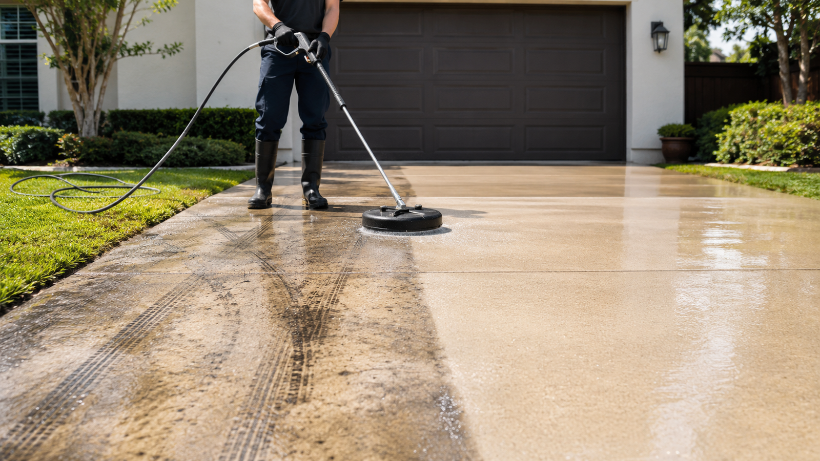 Pressure cleaning a driveway surface